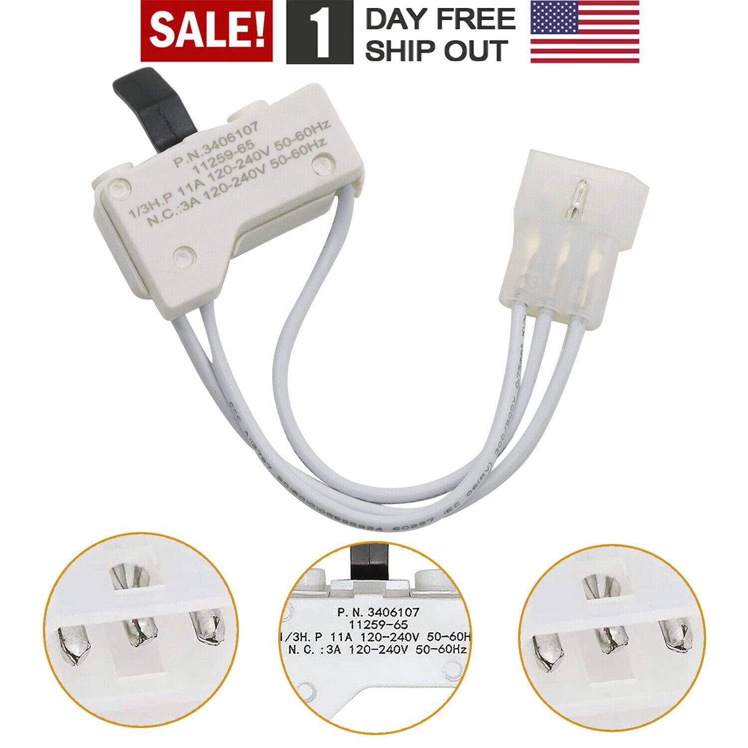 WP3406107 Whirlpool & Kenmore Dryer Door Safety Switch, Compatible with Maytag and Admiral