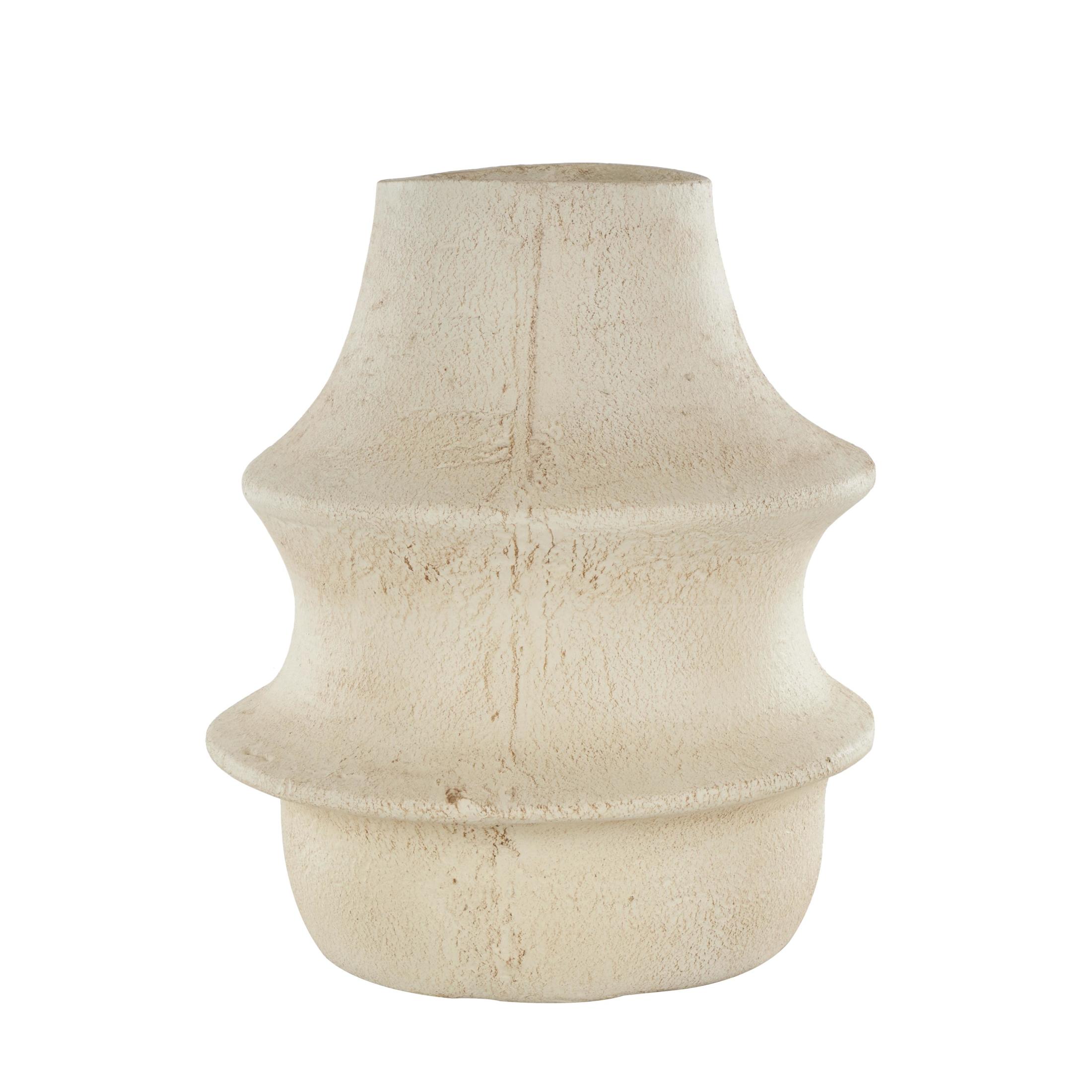DecMode 14" Fluted Cream Paper Mache Vase with Brown Distressed Texturing and Ring Handle