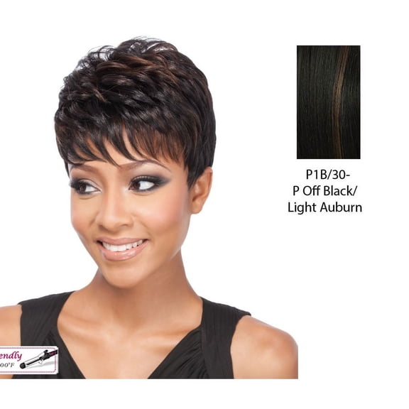 Brittan Heat Friendly Synthetic Wig,Off black base with light auburn highlights