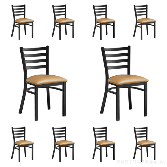 (10 PACK) Black Ladder Back Metal Restaurant Chair with Light Brown Vinyl Padded Seat - Commercial Quality Metal Restaurant Chair