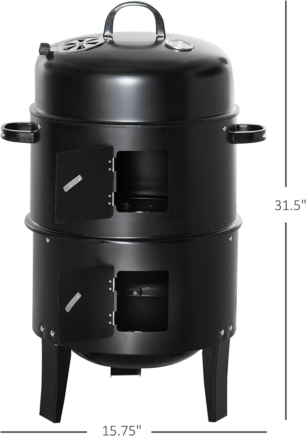 Vertical Charcoal BBQ Smoker, 3-in-1 16" Round Charcoal Barbecue Grill with 2 Cooking Area, and Thermometer for Outdoor Camping Picnic Backyard Cooking, Black