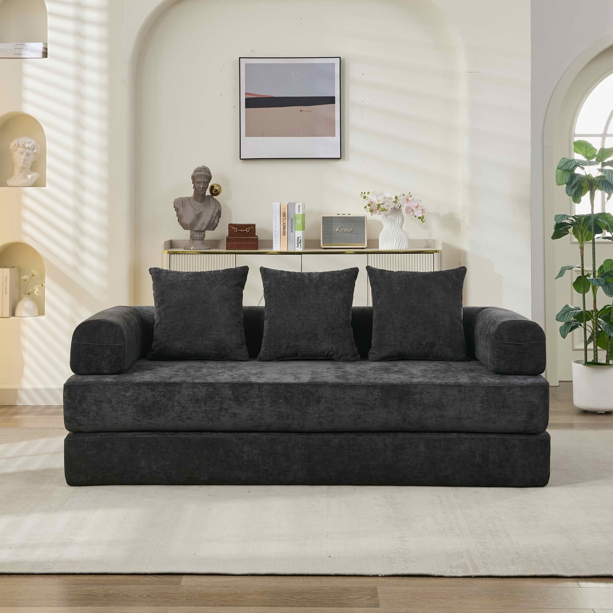 MAYEERTY Chenille Convertible Floor Sofa Bed, 78.8 Inch Folding Modular Lounge Couch with Armrest for Studio Bedroom Small Apartment