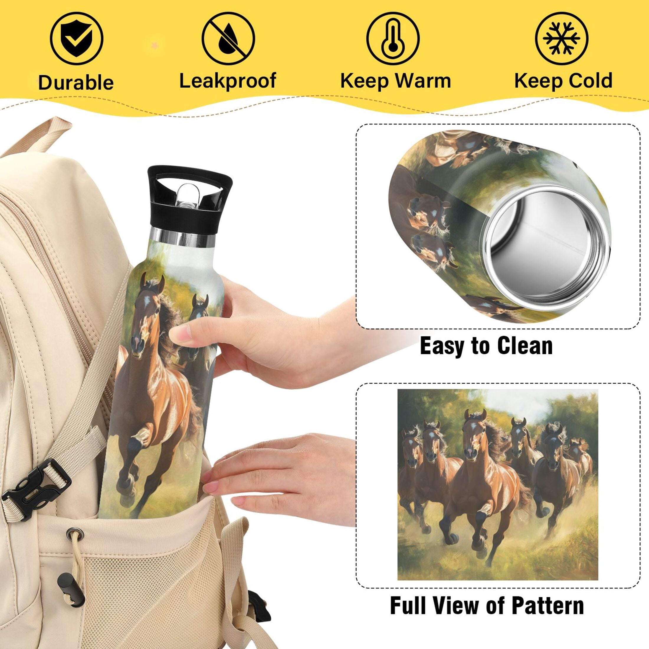 600ML Stainless Steel Insulated Cup Sports Water Bottle Portable Thermos Cup Water Glasses Insulated Tumblers Convenient and Durable Galloping Steeds