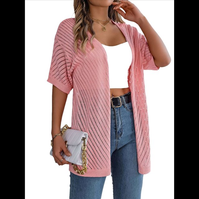 Cárdigan de Verano para Mujer, Corta, Cuello en V, Crochet, Suelto, Frontal Abierto, , para Cubrirse. Rosa M