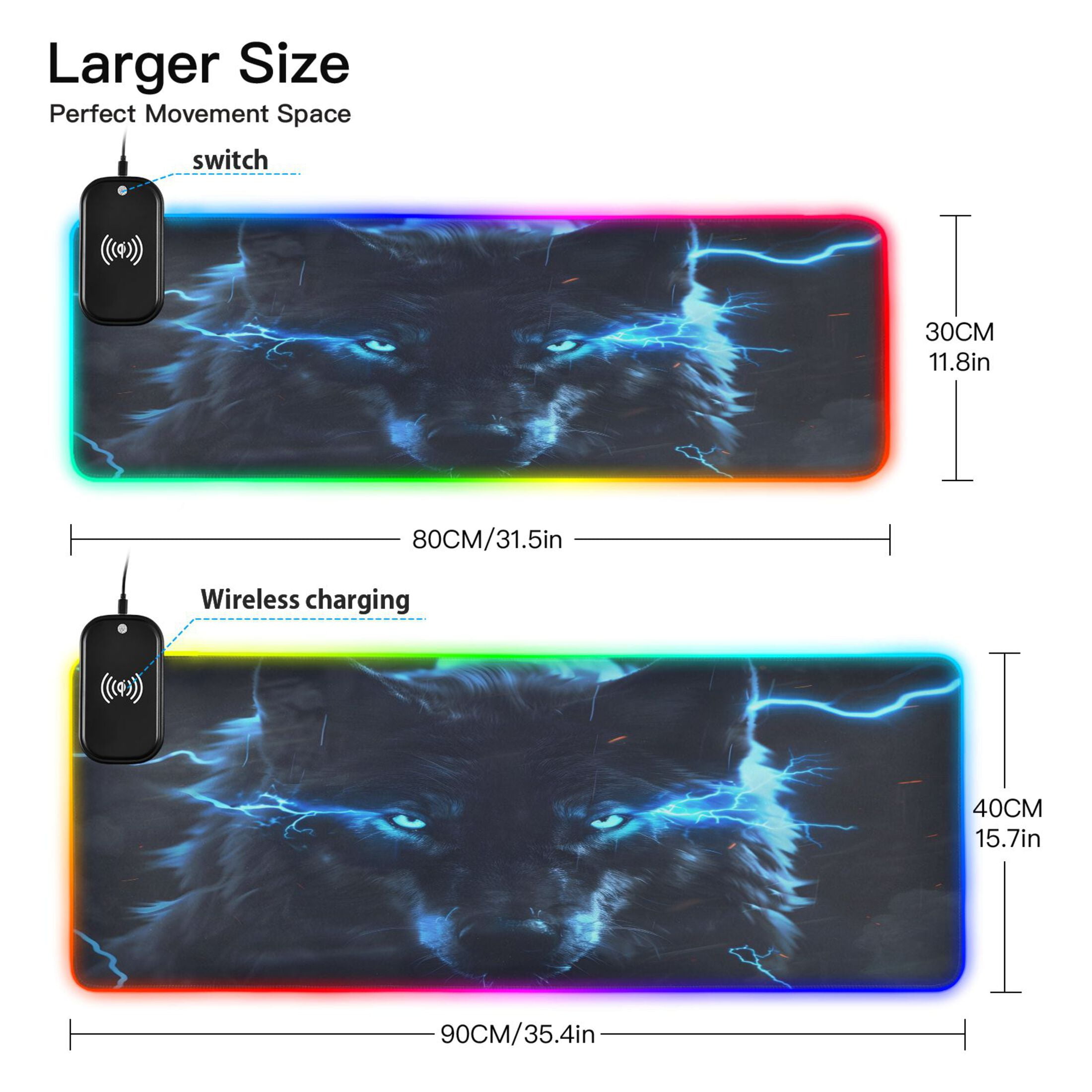 Wireless Charging Mouse Pad Large RGB Gaming Desk Mat 13 Light Modes Mousepad 35.4x15.7 Glowing Wolf