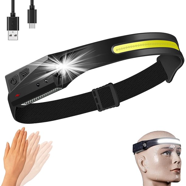 Linterna Frontal Led Recargable, Linternas Frontales De Haz Ancho cob230, 5 Modos De Linternas Frontales Livianas con Sensores De Movimiento, Linternas Frontales con Carga USB Tipo