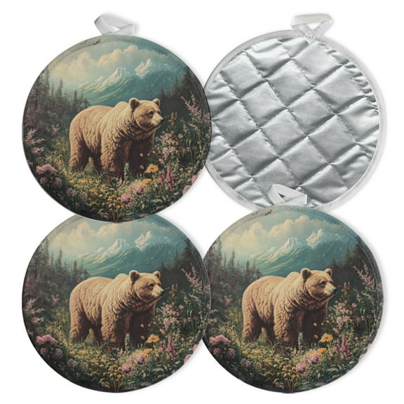 4 PCS Pot Holders for Kitchen,Potholders Sets with Hook for Oven,Cooking,Baking,Black Bear Surrounded By Red Berries And Foliage