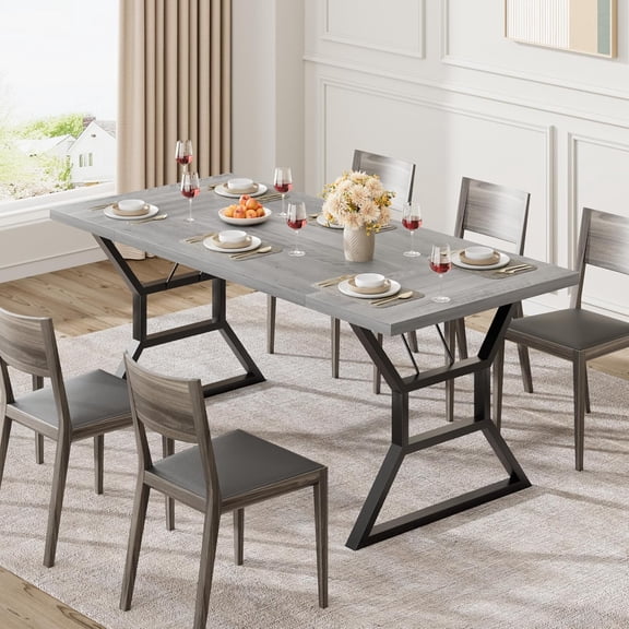 70.9 in Large Dining Room Table for 6, Rectangular Kitchen Table with Heavy Duty Metal Legs, Farmhouse Wooden Dining Table for Big Family (Grey)