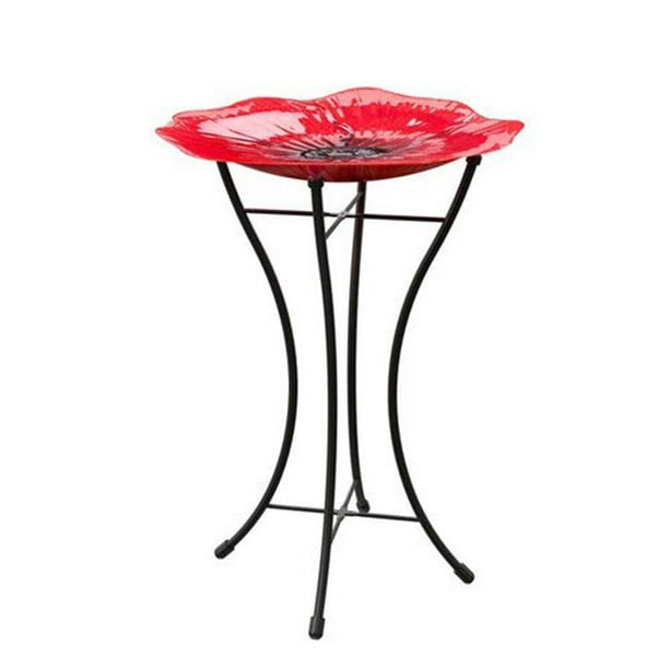 Panacea Products 82906 16 in. Red Poppy Glass Bird Bath with Stand