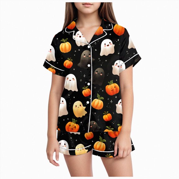takafot Halloween Pjs Girls Soft Button Down Short Sleeve Pjs Set Pumpkin Ghost Print Sleepwear Girls Pajama (Black,4-5 Years)