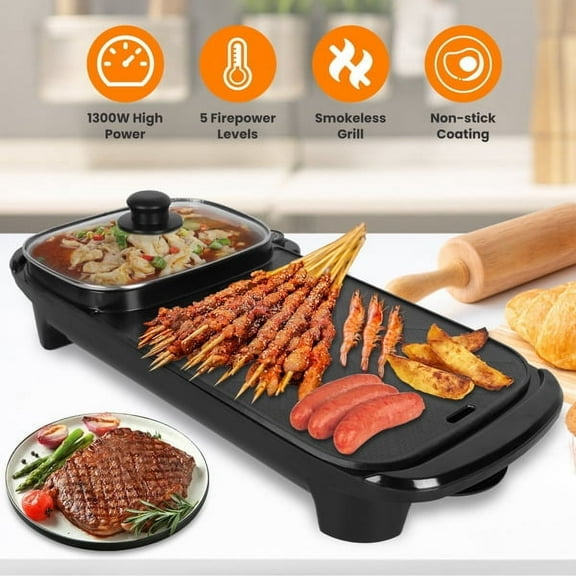 with barbecue, 2-in-1 barbecue detachable hot pot 1300W/large capacity power supply, separated temperature control, electric grill, suitable for 2-6 people to use