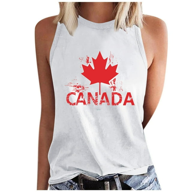 Amzcrzy Camisole pour Femmes Tendance à Imprimé de Feuille d'Érable Camisoles de la Fête du Canada Décontractées à Col Rond Sans Manches Hauts pour Femmes Confortables Camisoles d'Été pour Femmes