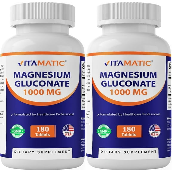 Vitamatic Magnesium Gluconate 1000 mg - 180 Vegetarian Tablets (Uncoated) - Supports Muscle, Nerve, and Heart Health* - 2 Pack