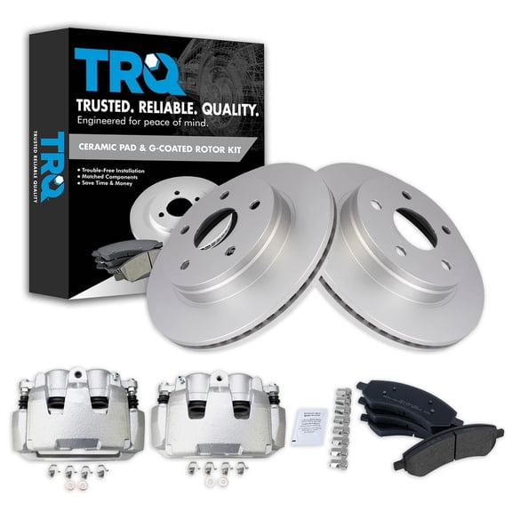 TRQ Front Semi Metallic Brake Pad Coated Rotor & Caliper Kit Fits Select Dodge Ram 1500