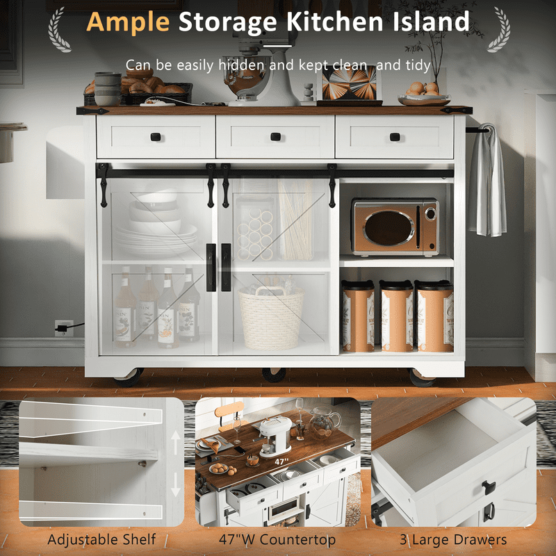 Bellemave 53.7" Kitchen Island with Power Outlet & Drop Leaf, Rolling Island with Table with Storage Drawers & Cabinet, Kitchen Island Cart with Spice Rack & Towel Rack on Wheels（White)