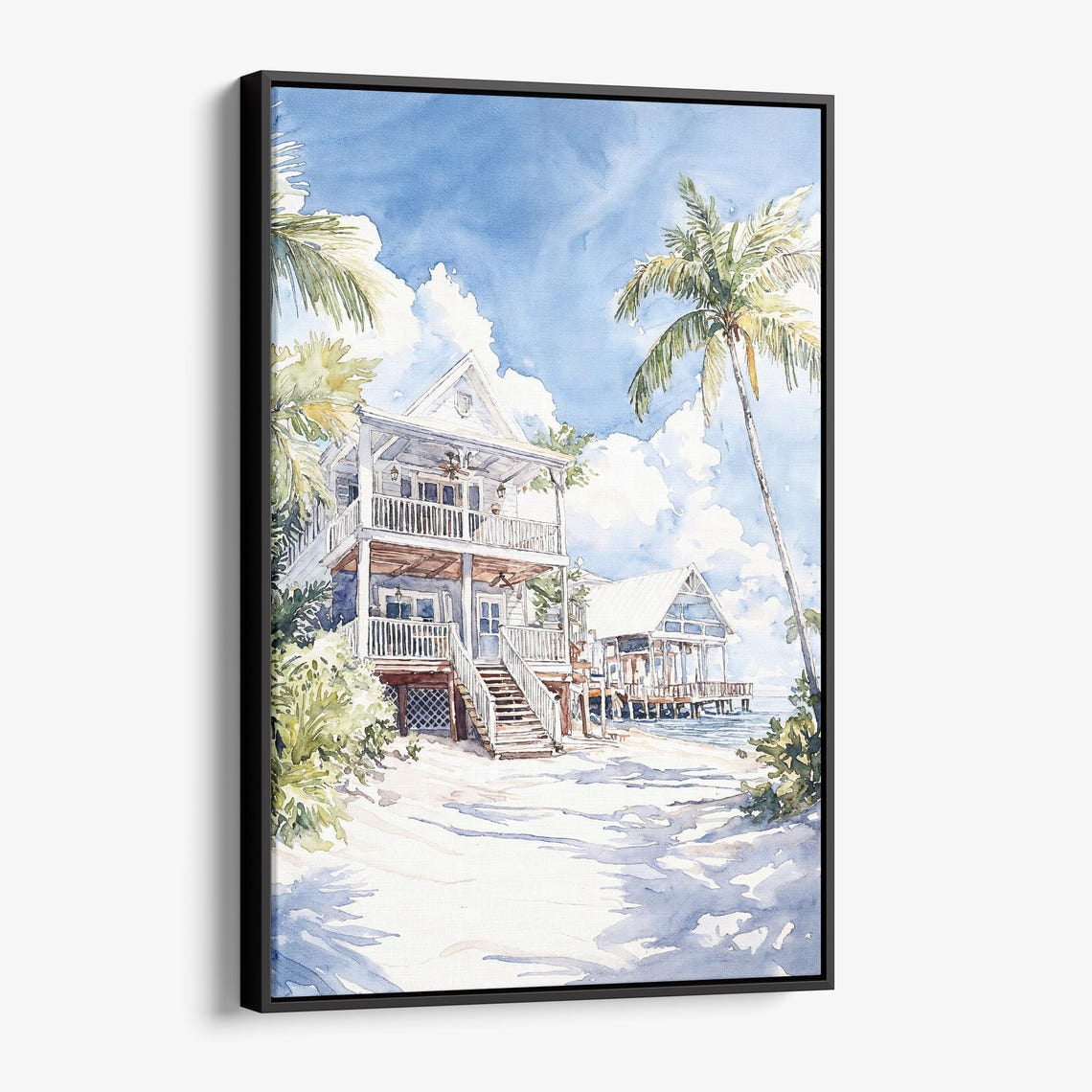 Key West Beach House Watercolor Wall Art Print For Coastal Home Decor