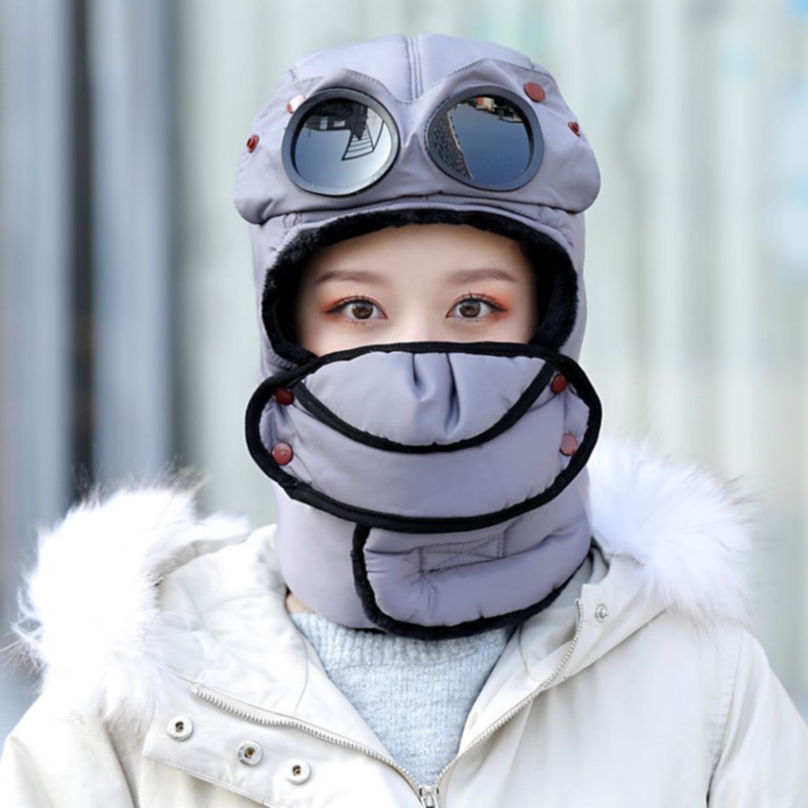 Bodychum Pilot Hat Ear Flaps Face Mask Set Warm Trapper Hat with Built-in  Glasses, Winter Windproof Fleece Lined Cap with Goggles for Skiing Outdoor  Sports, Gray, Christmas Gifts for Women Men -