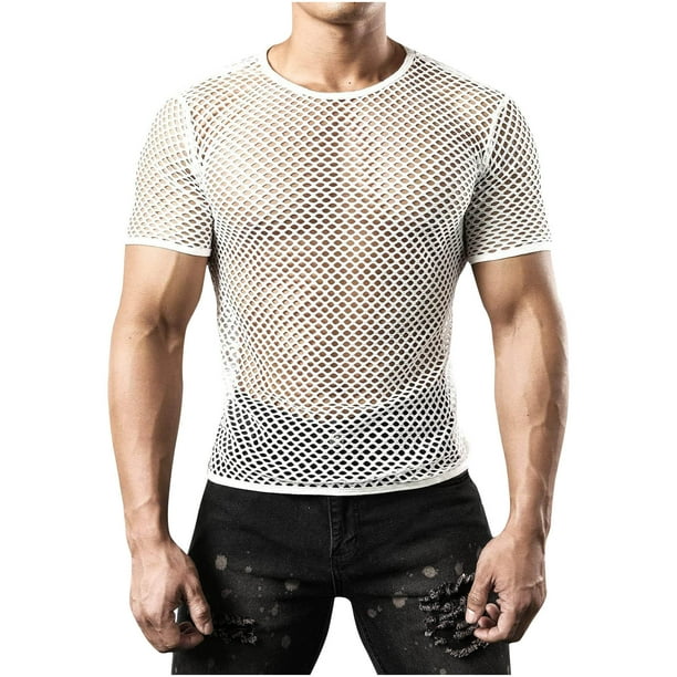 pstuiky camisetas de hombre, Camiseta informal de manga corta con cuello redondo y diseño de red de pesca hueca para hombre, color liso camisas casuales para hombre m