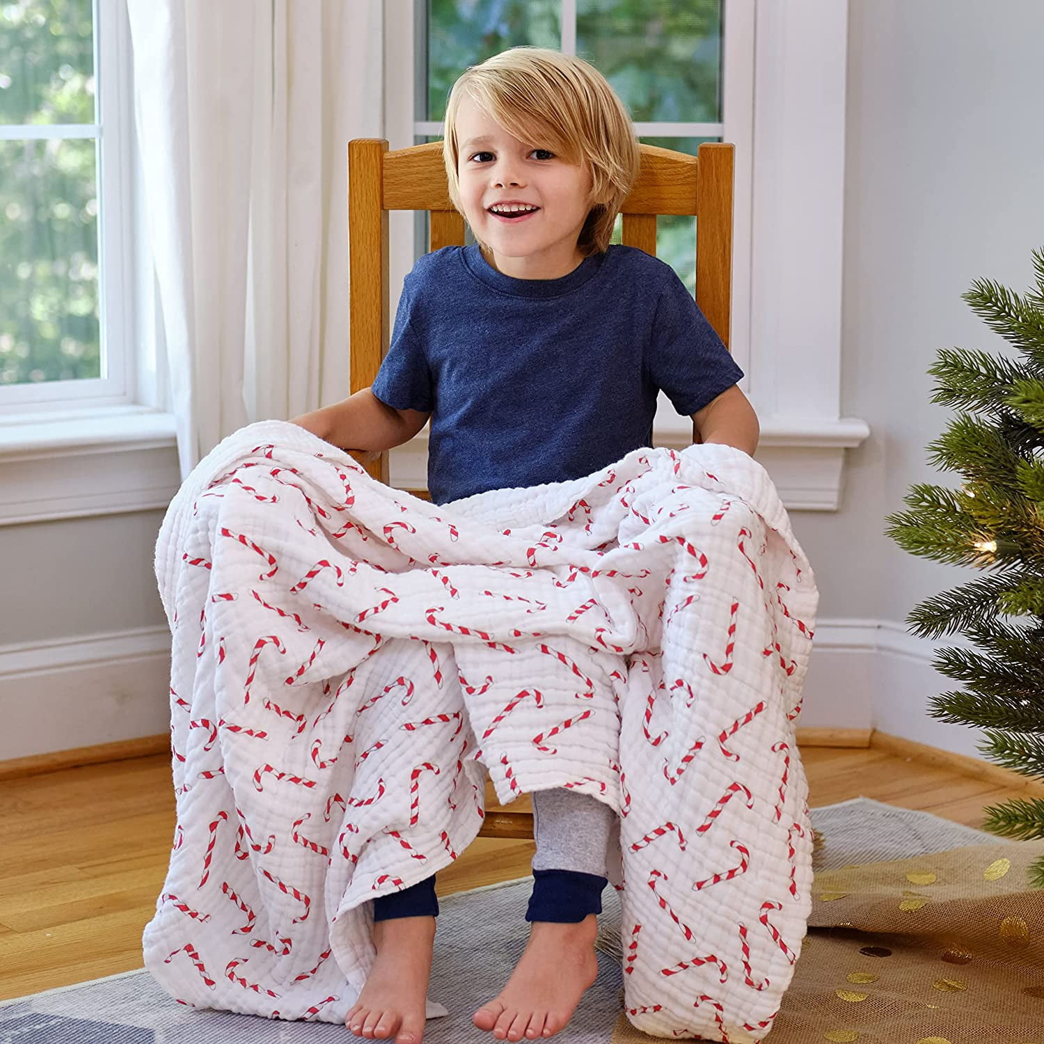 LollyBanks Candy Cane Baby Holiday Blanket Christmas Muslin Quilt, 47"x47", 1 Pack