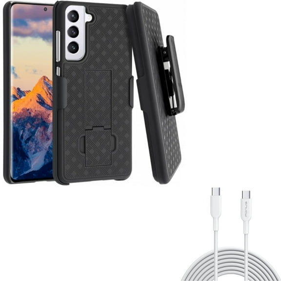 Case Belt Clip w 10ft Long Type-C Cable for Samsung Galaxy S21 FE 5G - Holster Swivel Cover, Fast Charger Cord PD Power