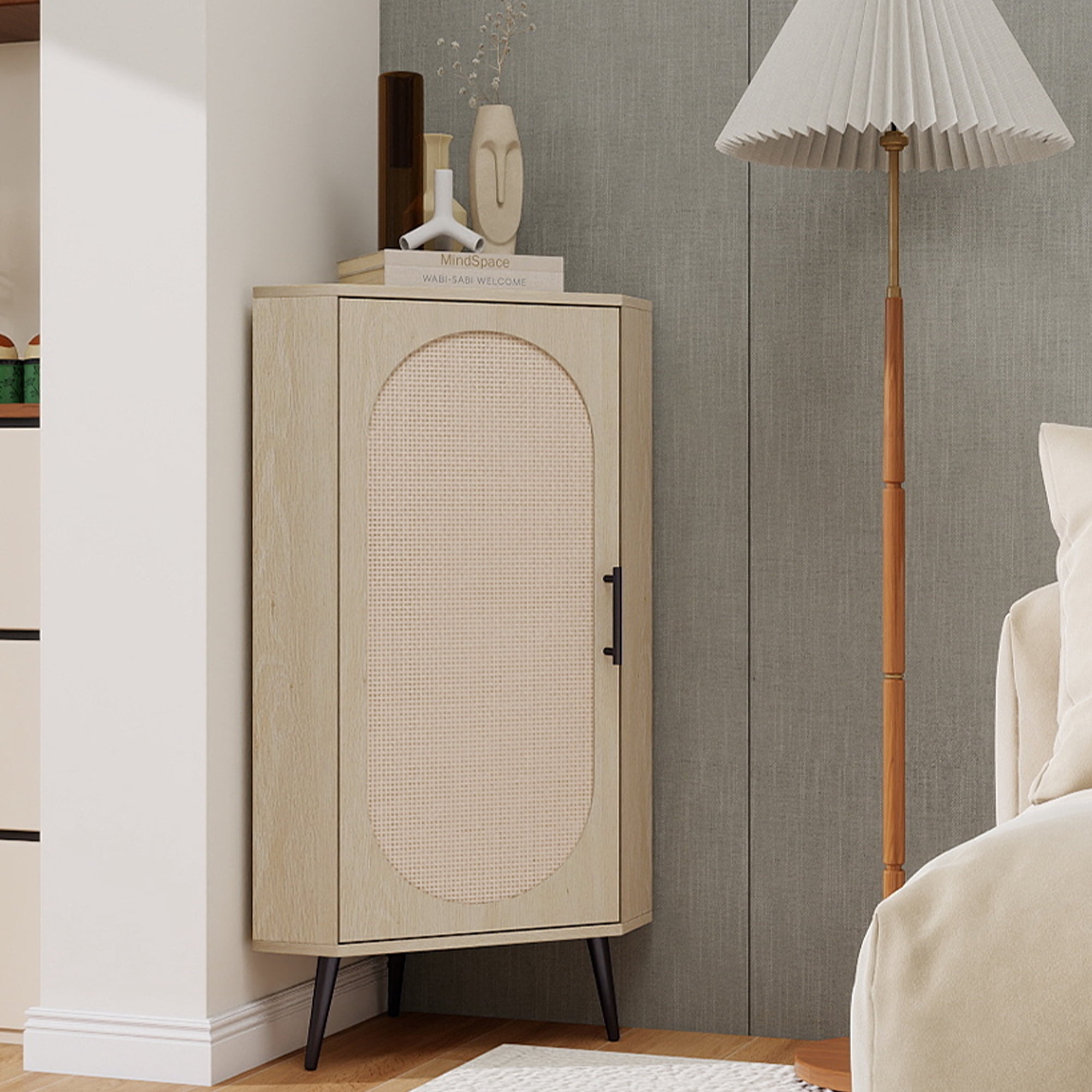 HIUU Small Corner Cabinet with Rattan Doors,Slim Bathroom Storage Cabinet,Freestanding Corner Table with Storage(Natural)