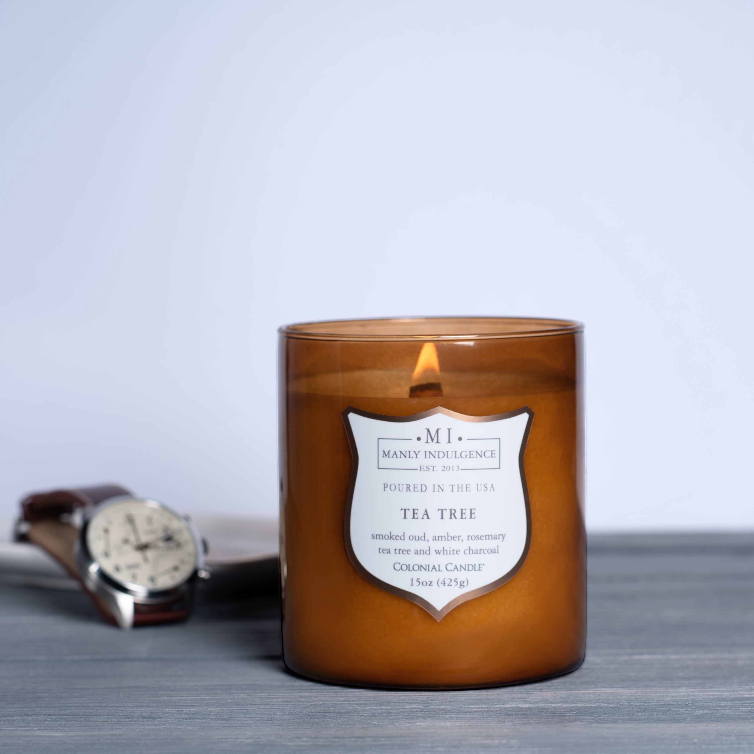 Manly Indulgence Tea Tree Scented Jar Candle, Premium Scented Candles for Men with High Fragrance and High Quality Wooden Wick, Signature Collection, Apothecary Jar, 15 oz - Up To 60 Hours Burn
