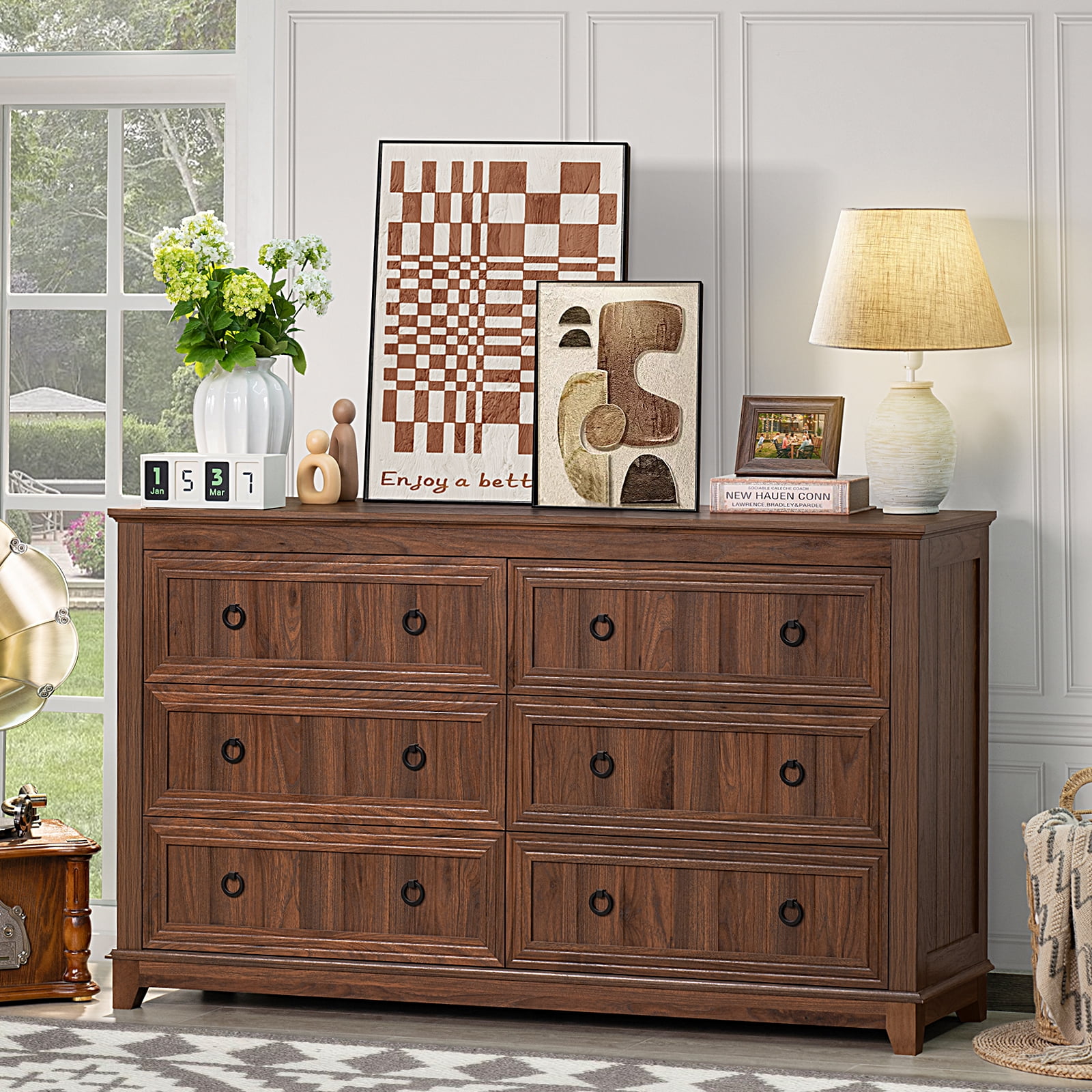 Joaxswe 6 Drawers Dresser for Bedroom, 54'' Dresser Chest of Drawers, Vintage Storage Dressers Organizer for Bedroom, Living Room, Hallway-Brown