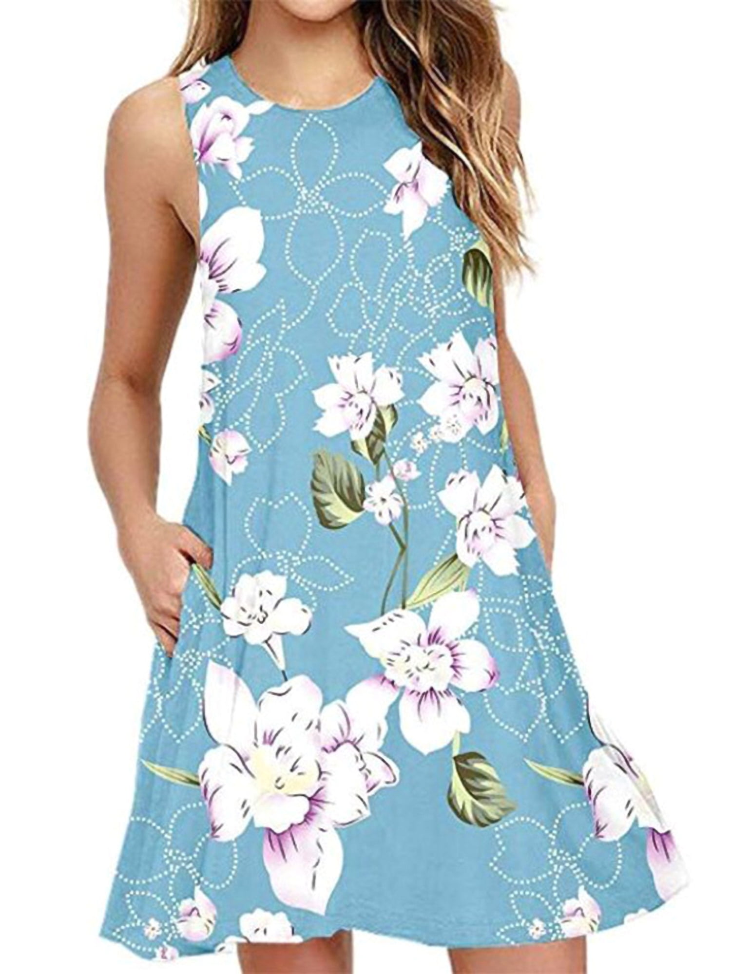 Moent Floral Print Dresses for Women Womens Casual Sleeveless Bohe Loose Camisole Dress Ladies Flowy Swing Summer Dress 