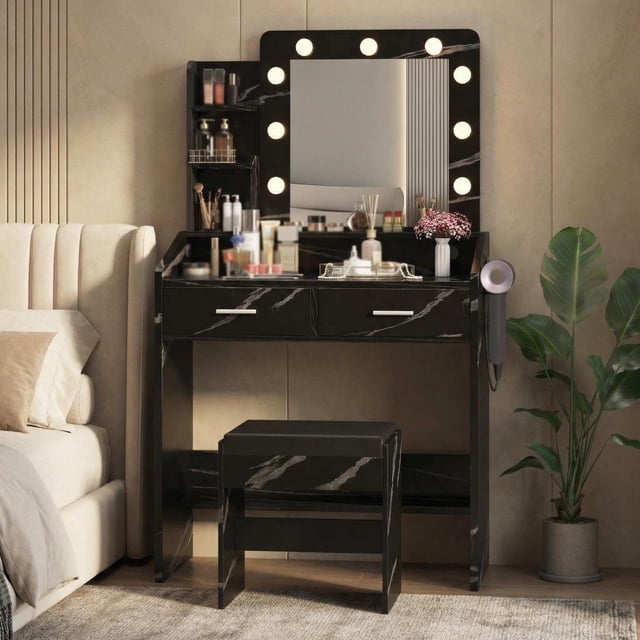 GloryStar Dressing Table with Mirror and 3 Lighting Modes, LED Vanity Desk with Power Outlet, Cushioned Stool, and Two Drawers