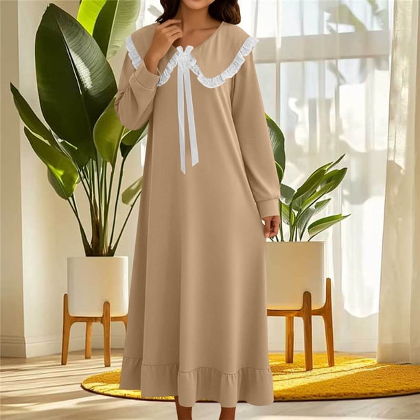 TaTaai 3/4 Sleeve Doll Collar Skirt, Women's Solid Color Bow Pleated Nightgown, Below Calf Length, Ideal for Home Daily Casual Outfits Gift