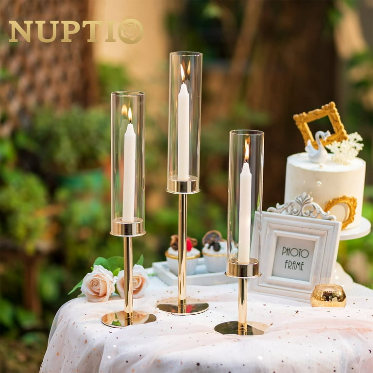 Nuptio Gold Taper Candlestick Holders, Set of 6 with Hurricane Glass photo 6