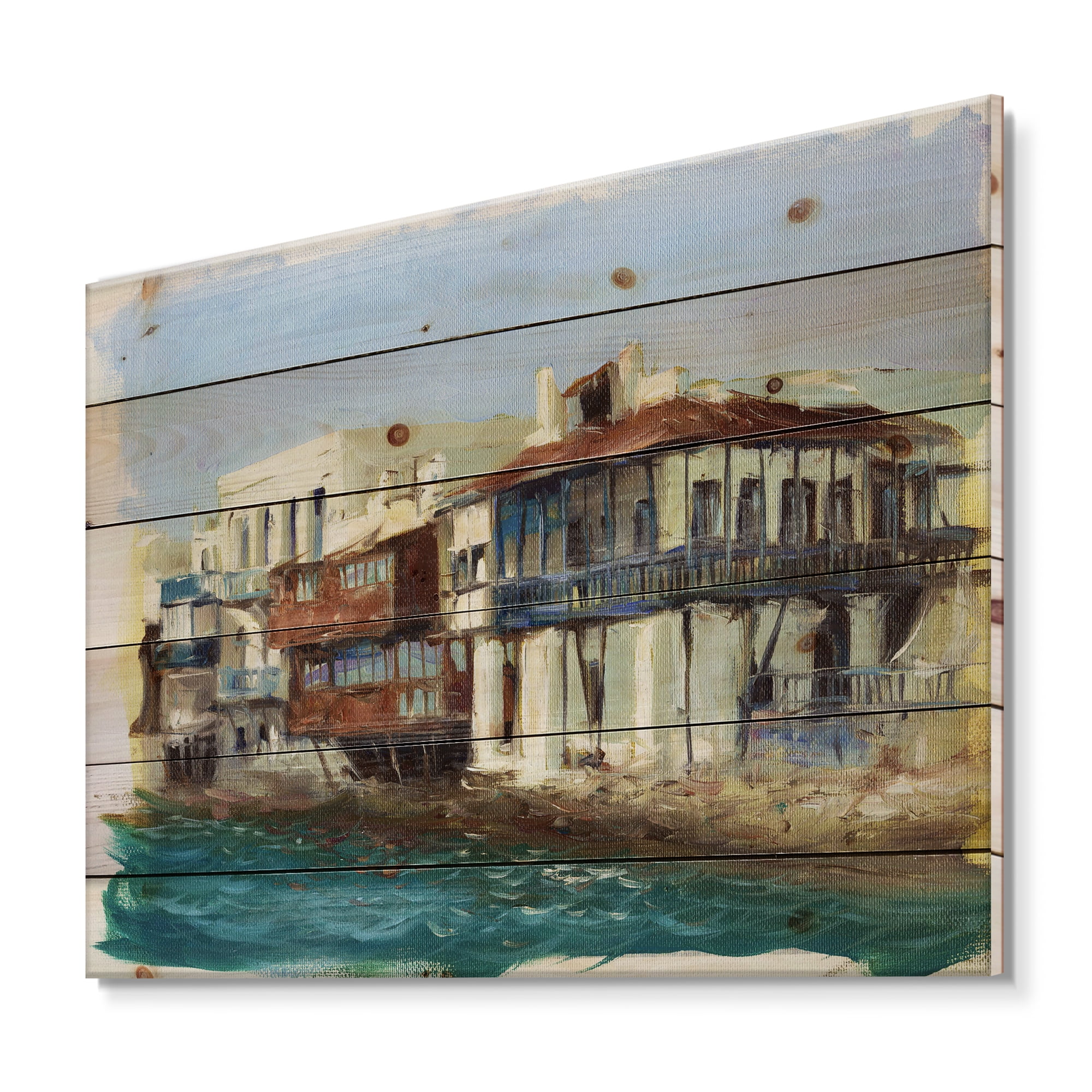 Designart 'Impression Old Houses On The Island of Mykonos Greece' Nautical & Coastal Print on Natural Pine Wood