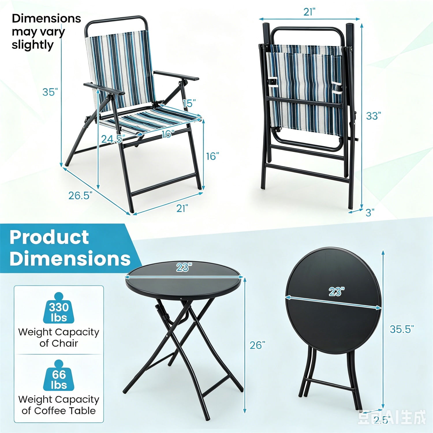 Hommoo 3-Piece Portable Outdoor Folding Chair & Round Table Set, Metal Frame, Breathable Fabric Seats, Easy-Fold for Backyard, Poolside & Balcony, Blue