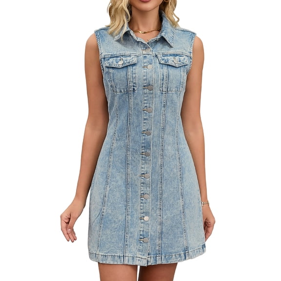 DARING DIVA Women's Sleeveless Collared Button Down Short Jean Dress S Light Blue