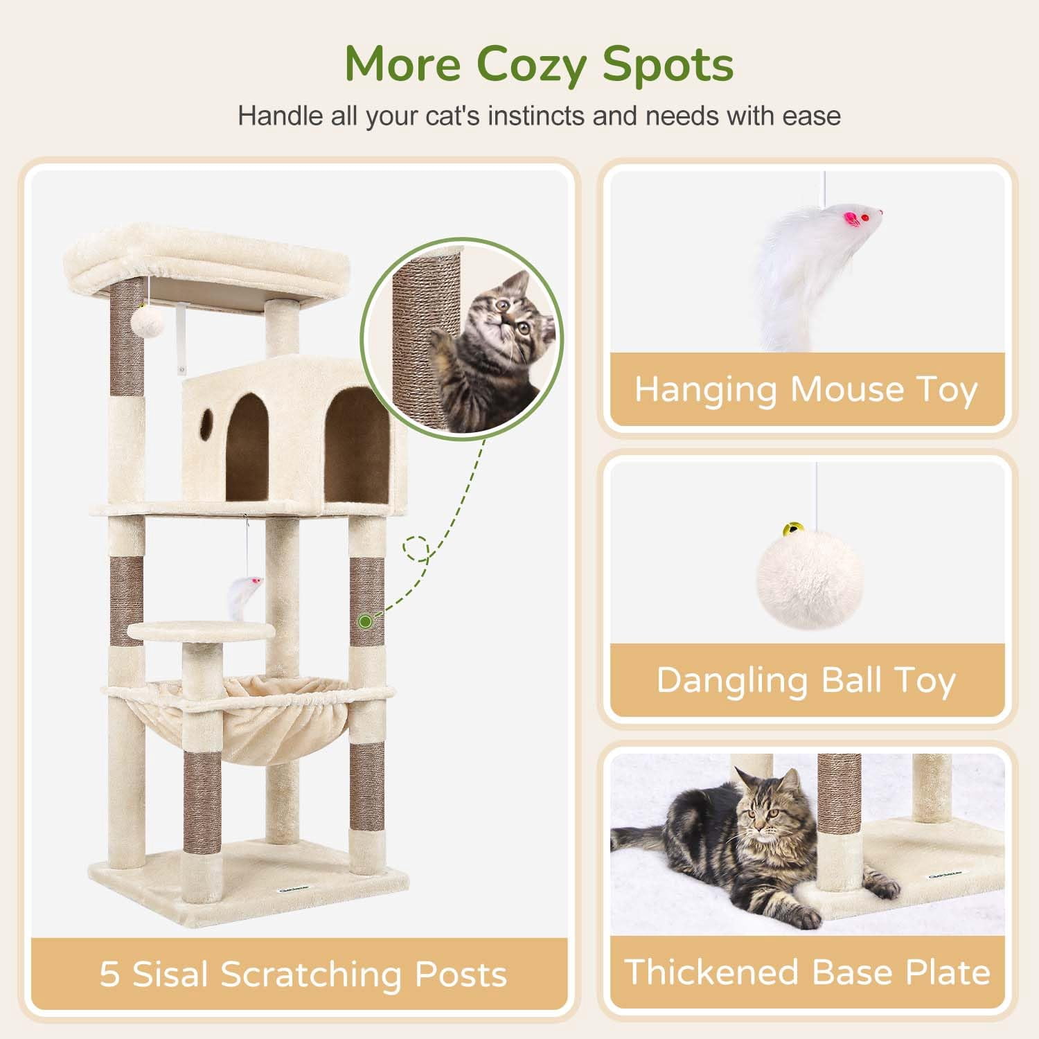 Cat Tree Tower With For Indoor Cats  53inch Tall Plush Multi-level Climbing Condo House Large Hammock Spacious Cave Big Padded Top Perch Bed F53 Beige