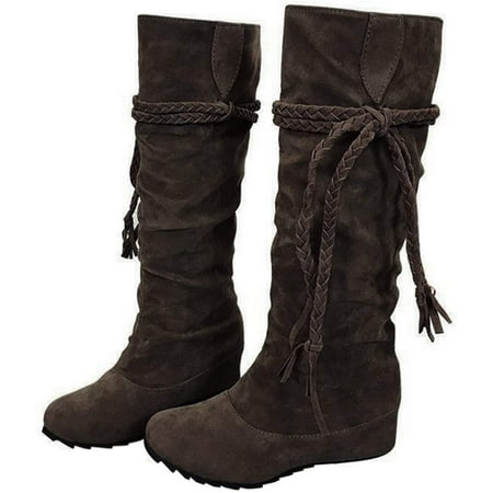 Knee HIGH MID Calf Boots Wedge Boots Tassel Boots PU Leather Suede ...