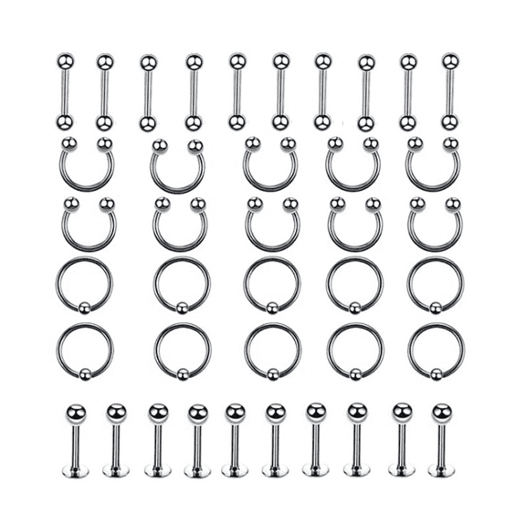 Vogem Body Piercings Set 40Pcs Stainless Steel Cartilage Helix Piercings Straight Barbell Earring Round Ball Hoops Minimalist Jewelry for Men Women(3mm, 10mm)