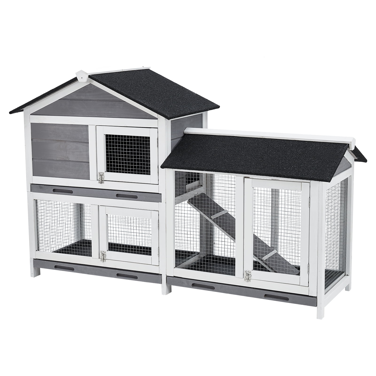 COZONY 63 Inch & 2 Tier Wooden Rabbit Hutch w/ Waterproof Roof ,3 Removable Trays,Gray and Black