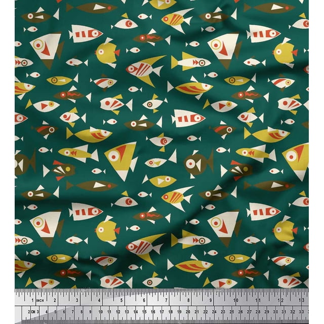 Soimoi Tissu Georgette Poly Vert Poisson Océan Imprimé Tissu 1 Yard 42 Pouces de Large
