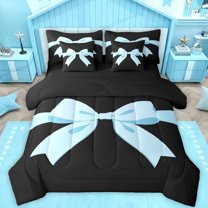 Feelyou Kawaii Cartoon Bow Twin Bedding Sets 7-Piece for Kids, Blue Princess Bowknot Bedding Comforter Set, Fairy Tale Style Reversible Sheet Sets, Breathable Home Decor