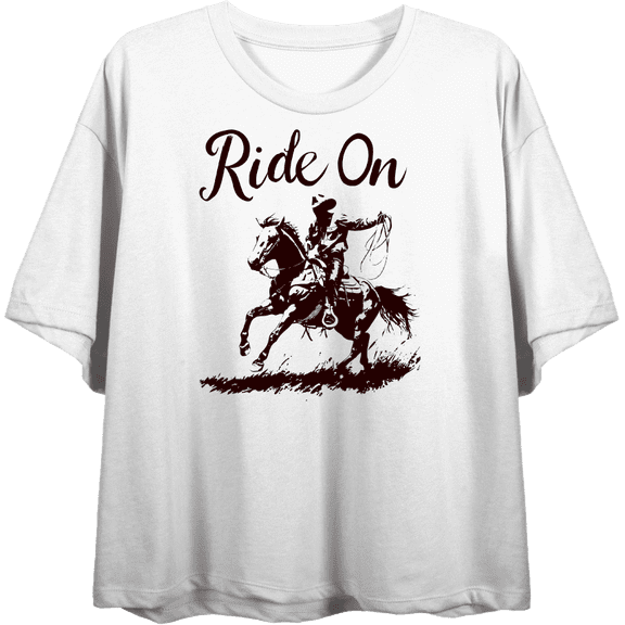 Cowboy "Ride On" Women's White Crew Neck Short Sleeve Top-Medium