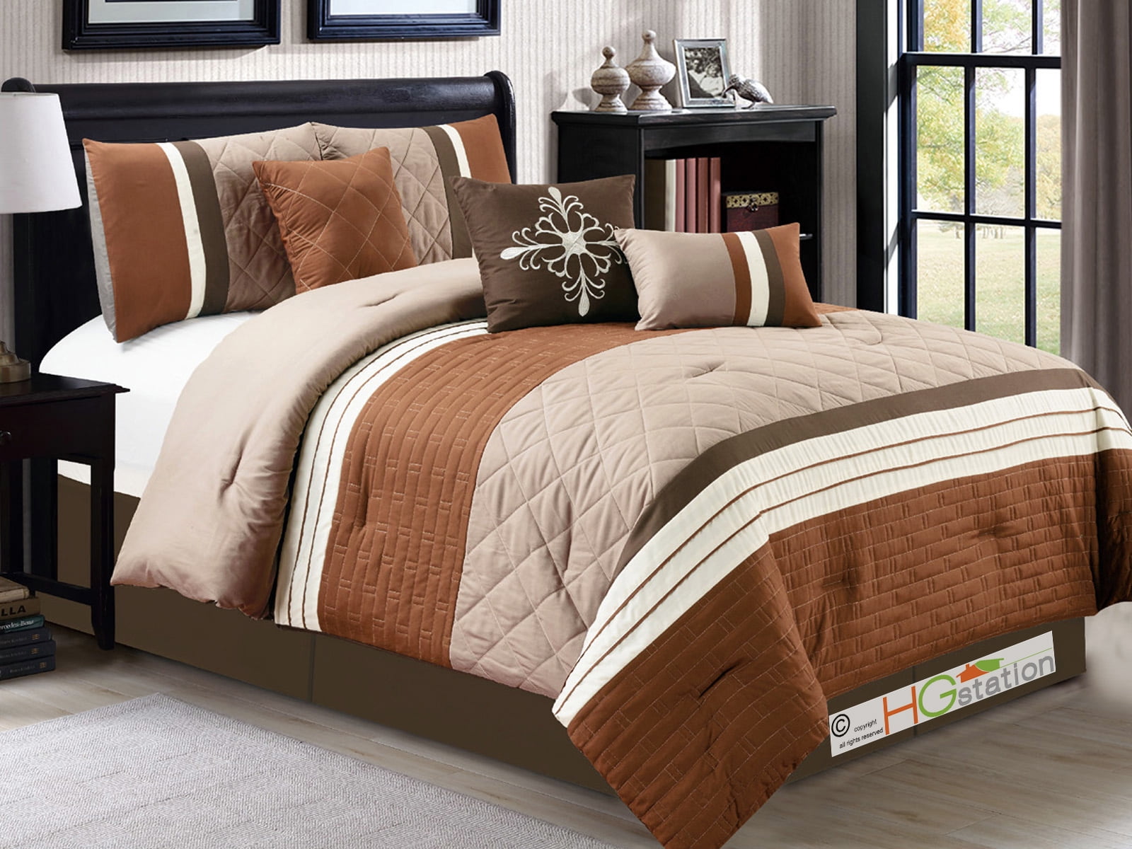 7Pc Quilted Diamond Brick Rectangle Striped Comforter Set Gray Silver