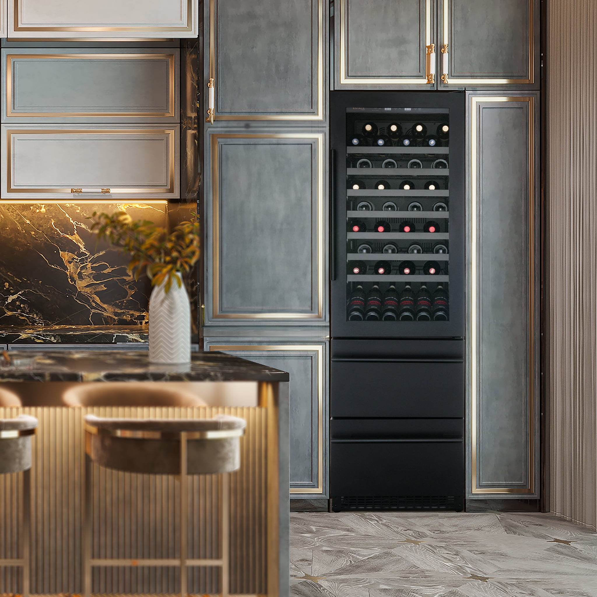 ESTATE 24” Premium Dual Zone Wine Fridge and Beverage Center, Drawer Cabinets with 175 Can Capacity