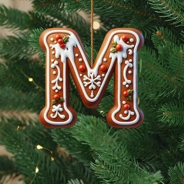 YoGold Gingerbread Alphabet Ornaments For Christmas Tree 26 Initial Candy Cane Letter Pendant With Berries Pattern Mini Monogram Hanging Decorations For Party Gifts DIY Decor 1pcs M