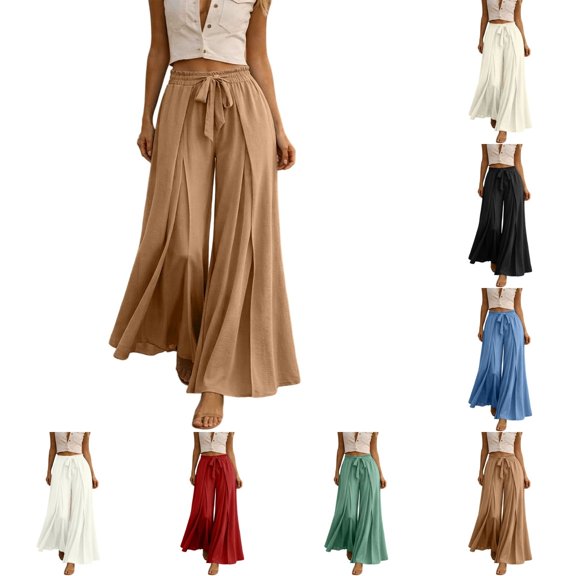Qingpeng Womens Pleated Wide Leg Pants High Waisted Loose Fit Flowy Trousers Dressy Fashion Casual Beach Vacation Palazzo Pants