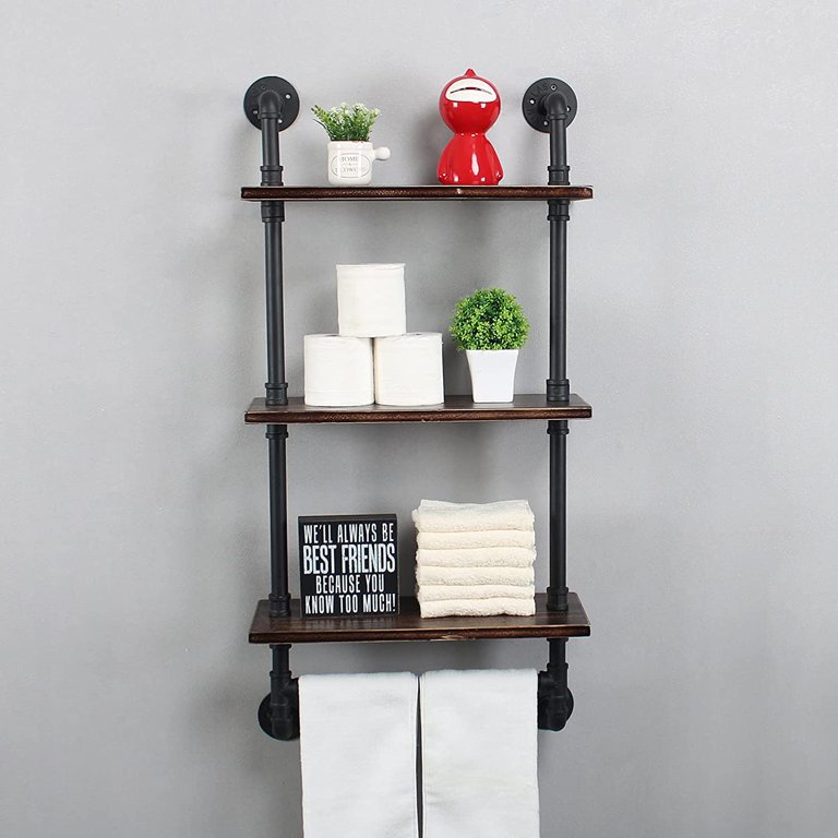 Industrial Pipe Shelf Bathroom Shelves Wall Mounted,19.6in Rustic Wood Shelf  with Towel Bar,3 Tier Farmhouse Towel Rack Over Toilet,Pipe Shelving  Floating Shelves Towel Holder,Retro Black 