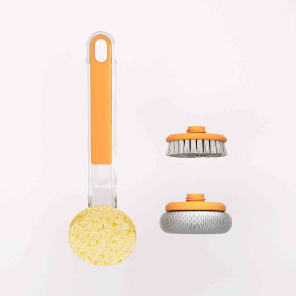 Cepillo de mango largo con 3 cabezas de repuesto - apto para lavavajillas, cerdas que no se rayan para cocina, sartenes y limpieza de cocina