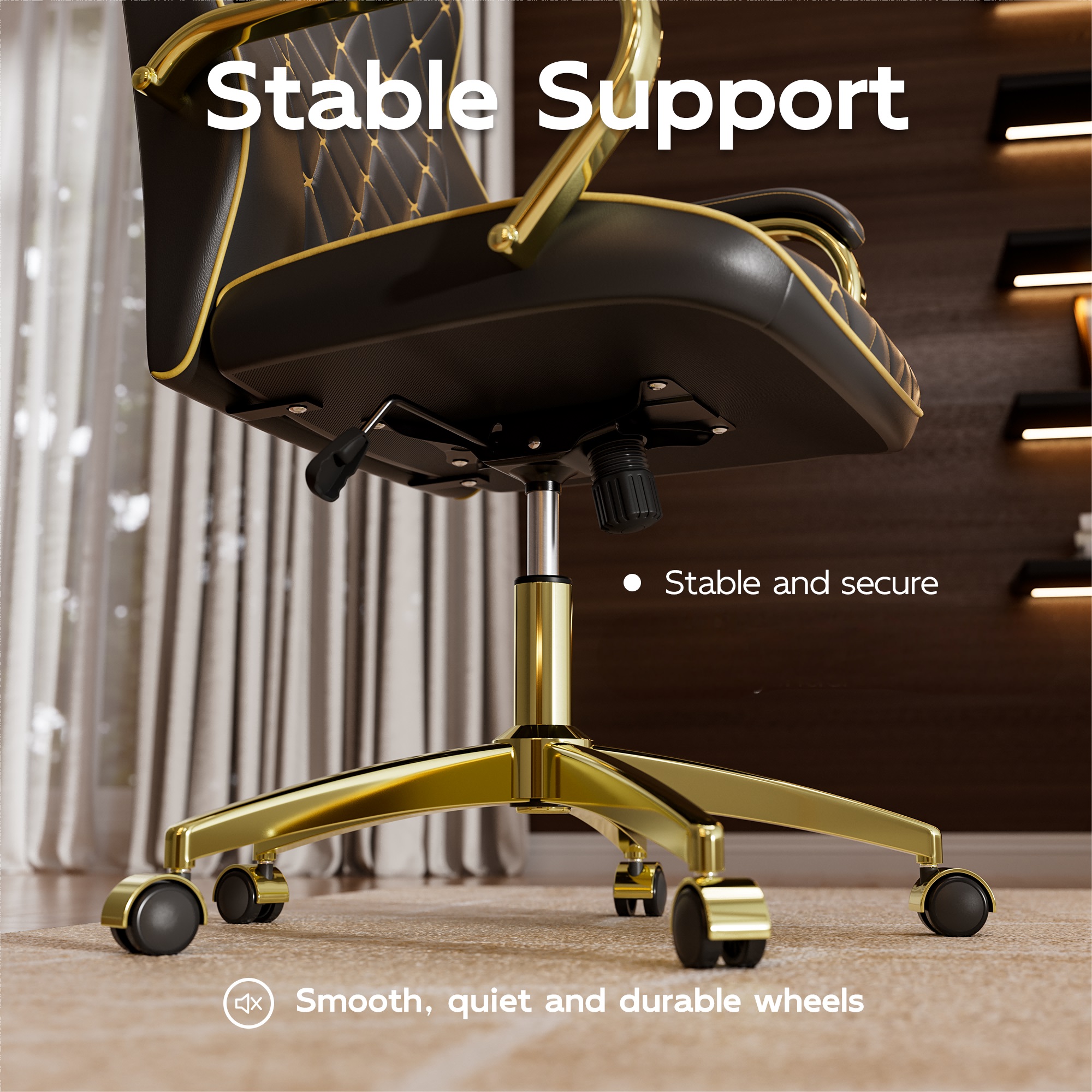 Ninecer Black and Gold Office Chair with Soft Leather Embroidery, Mid Back Vintage Swivel Executive Desk Chair with Wheels and Padded Arms, Adjustable Height