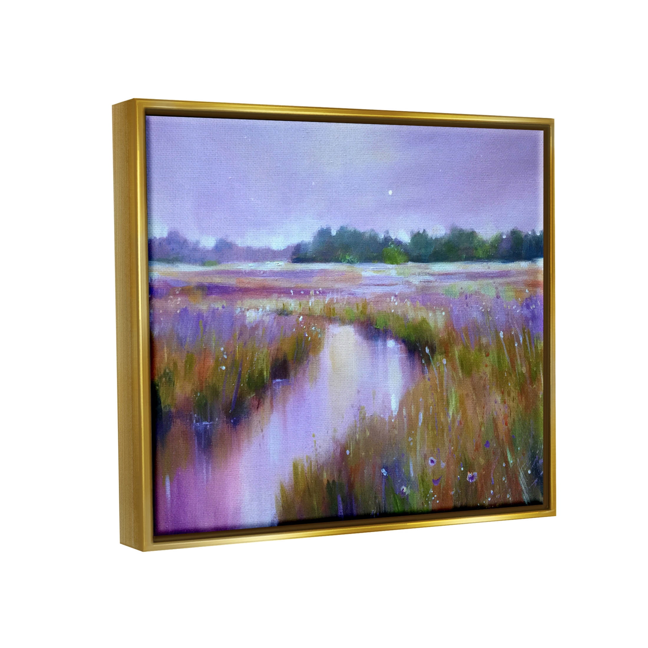 Vivid Purple Dusk Rural Stream Landscape Painting Metallic Gold Framed Art Print Wall Art
