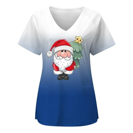 

Christmas Scrubs Tops for Women Christmas Short Sleeve V Neck Santn Printed Top Nurses Working T Shirts Blouse With Pockets